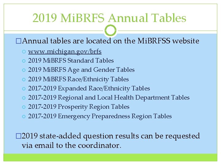 2019 Mi. BRFS Annual Tables �Annual tables are located on the Mi. BRFSS website