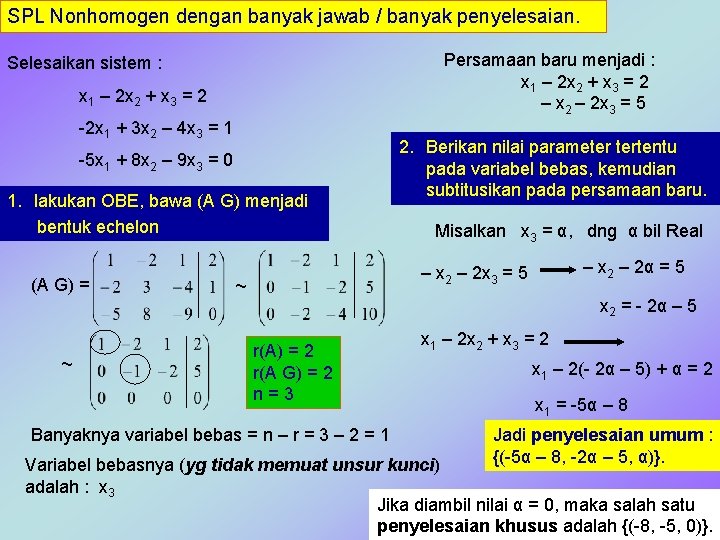 SPL Nonhomogen dengan banyak jawab / banyak penyelesaian. Persamaan baru menjadi : x 1