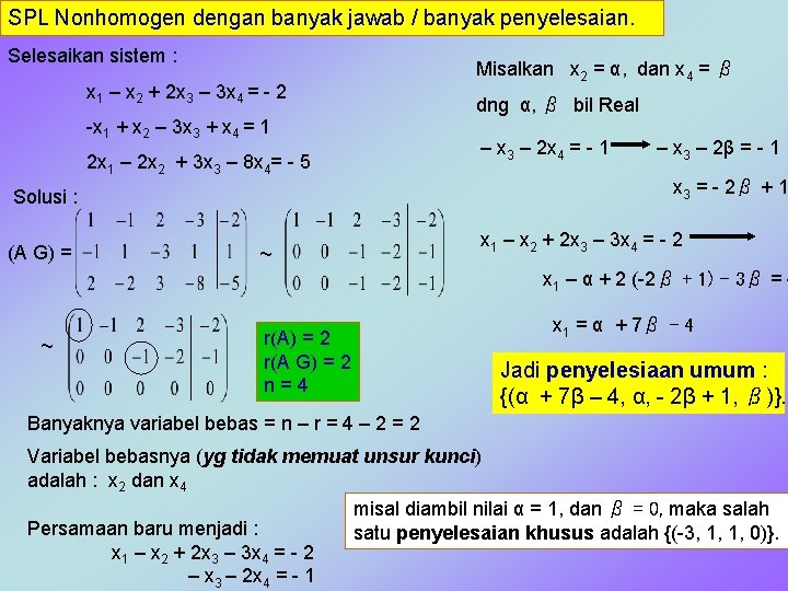 SPL Nonhomogen dengan banyak jawab / banyak penyelesaian. Selesaikan sistem : x 1 –