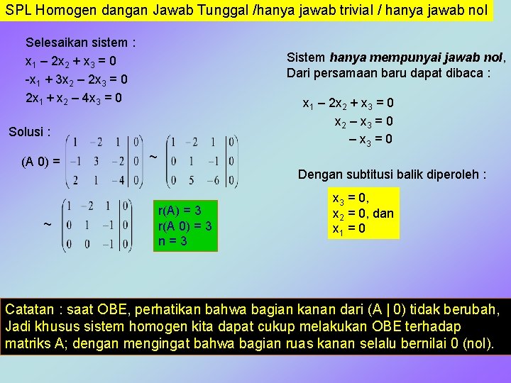 SPL Homogen dangan Jawab Tunggal /hanya jawab trivial / hanya jawab nol Selesaikan sistem