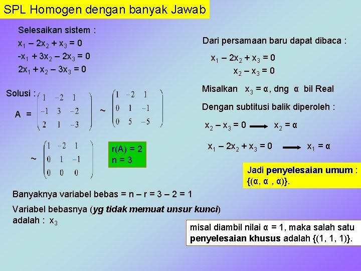 SPL Homogen dengan banyak Jawab Selesaikan sistem : x 1 – 2 x 2