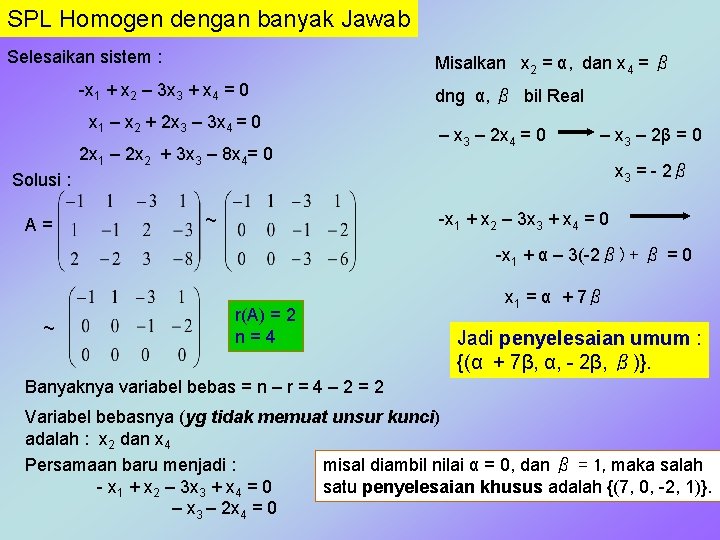 SPL Homogen dengan banyak Jawab Selesaikan sistem : Misalkan x 2 = α, dan