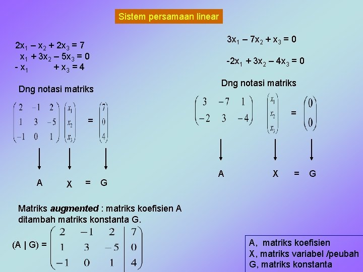 Sistem persamaan linear 3 x 1 – 7 x 2 + x 3 =