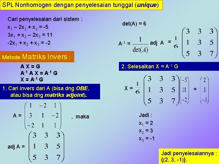 SPL Nonhomogen dengan penyelesaian tunggal (unique) Cari penyelesaian dari sistem : x 1 –