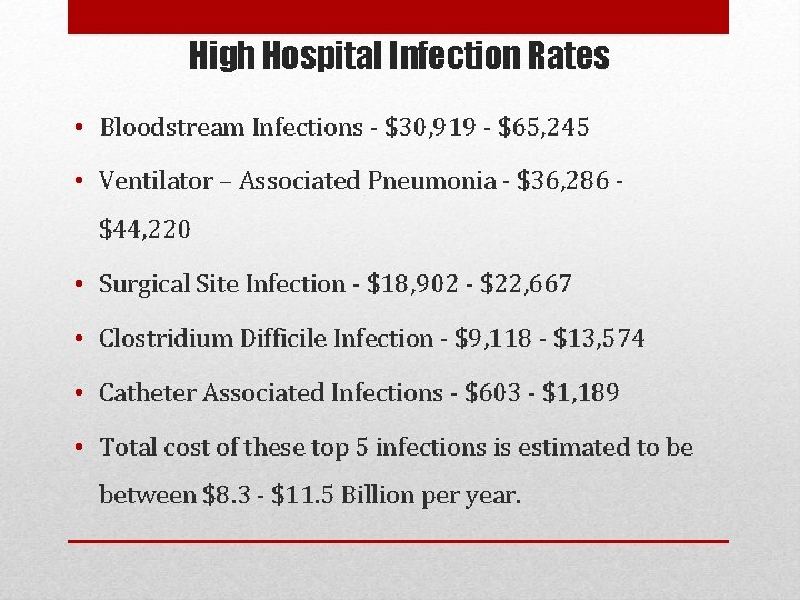 High Hospital Infection Rates • Bloodstream Infections - $30, 919 - $65, 245 •