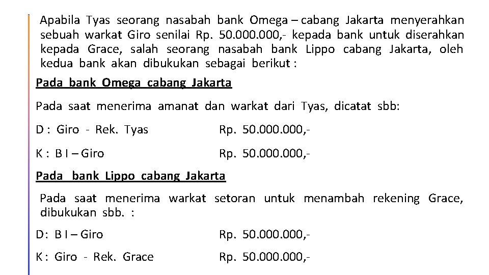 Apabila Tyas seorang nasabah bank Omega – cabang Jakarta menyerahkan sebuah warkat Giro senilai