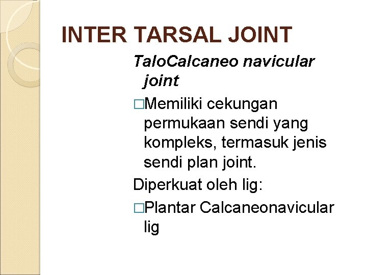 INTER TARSAL JOINT Talo. Calcaneo navicular joint �Memiliki cekungan permukaan sendi yang kompleks, termasuk