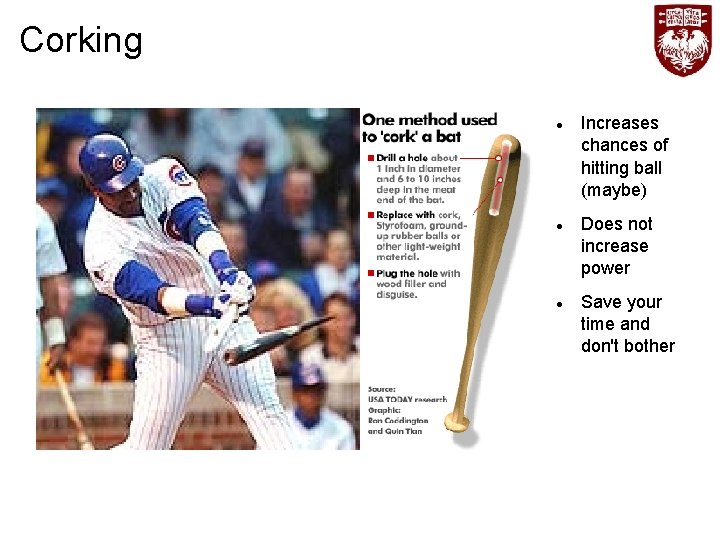 Corking Increases chances of hitting ball (maybe) Does not increase power Save your time