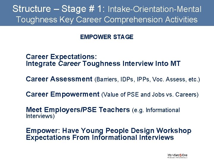 Structure – Stage # 1: Intake-Orientation-Mental Toughness Key Career Comprehension Activities EMPOWER STAGE 1.