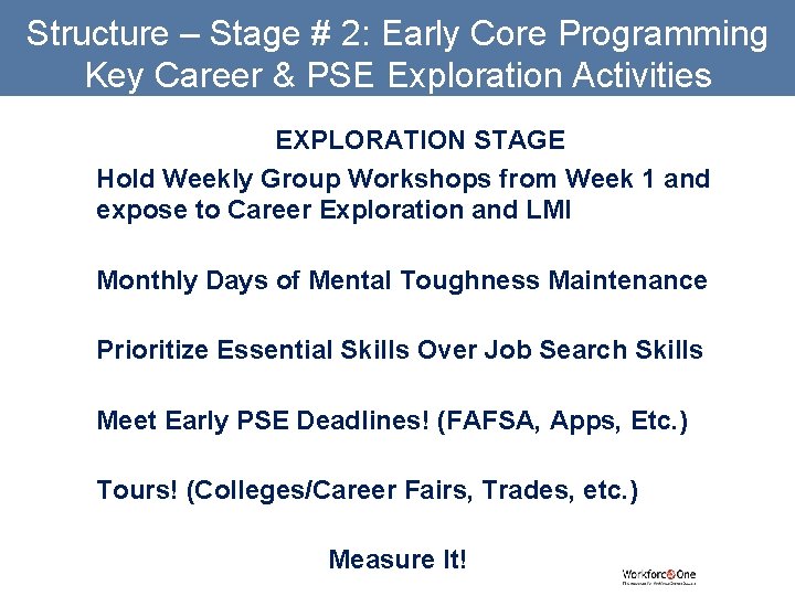 Structure – Stage # 2: Early Core Programming Key Career & PSE Exploration Activities