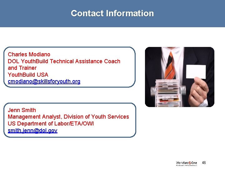 Contact Information Charles Modiano DOL Youth. Build Technical Assistance Coach and Trainer Youth. Build