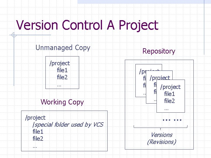 Version Control A Project Unmanaged Copy /project file 1 file 2 … Working Copy