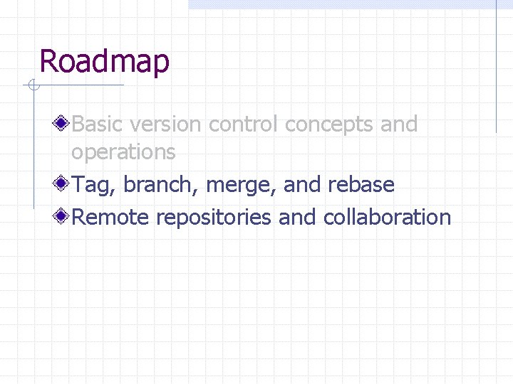Roadmap Basic version control concepts and operations Tag, branch, merge, and rebase Remote repositories