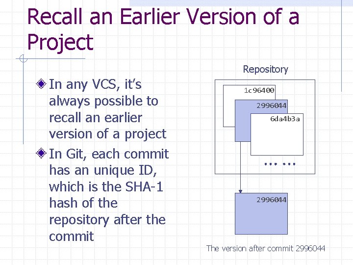 Recall an Earlier Version of a Project Repository In any VCS, it’s always possible