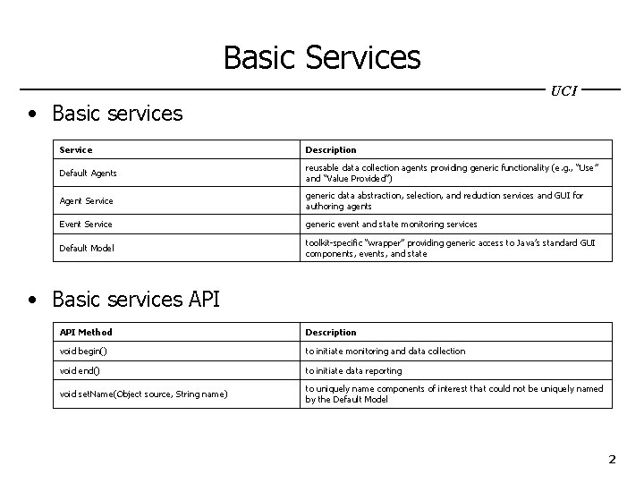 Basic Services UCI • Basic services Service Description Default Agents reusable data collection agents