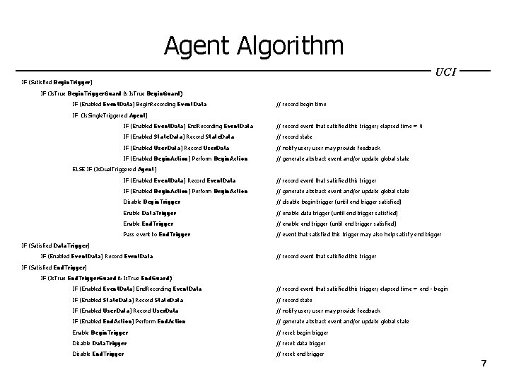 Agent Algorithm UCI IF (Satisfied Begin. Trigger) IF (Is. True Begin. Trigger. Guard &