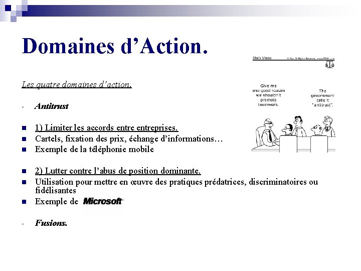 Domaines d’Action. Les quatre domaines d’action. - Antitrust n 1) Limiter les accords entreprises.