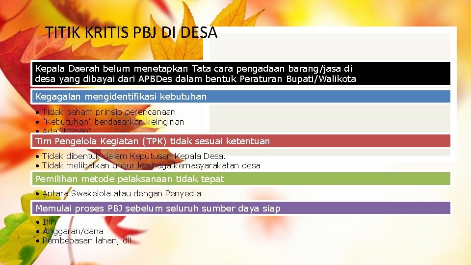 TITIK KRITIS PBJ DI DESA Kepala Daerah belum menetapkan Tata cara pengadaan barang/jasa di