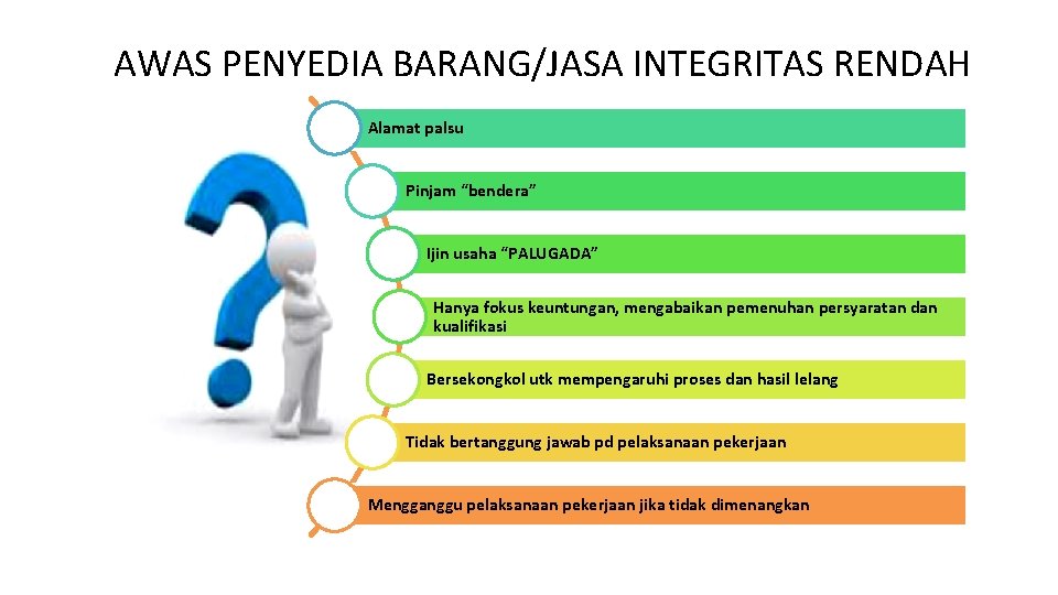 AWAS PENYEDIA BARANG/JASA INTEGRITAS RENDAH Alamat palsu Pinjam “bendera” Ijin usaha “PALUGADA” Hanya fokus