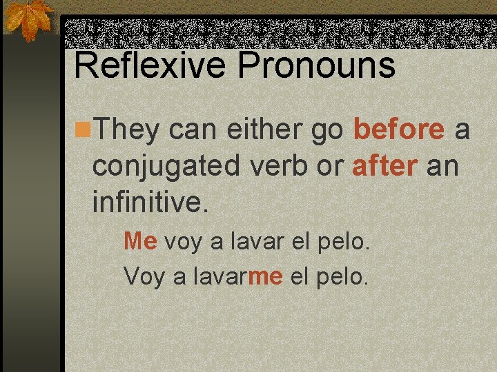 Reflexive Pronouns n. They can either go before a conjugated verb or after an