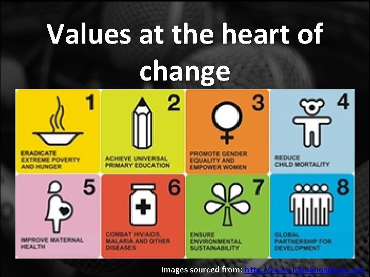 Values at the heart of change Images sourced from: http: //www. humanosphere. org 