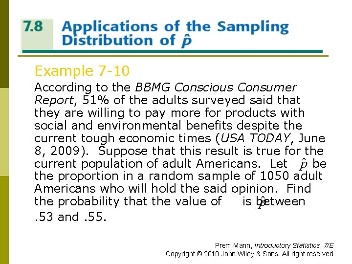 Applications of the Sampling Distribution of Example 7 -10 According to the BBMG Conscious