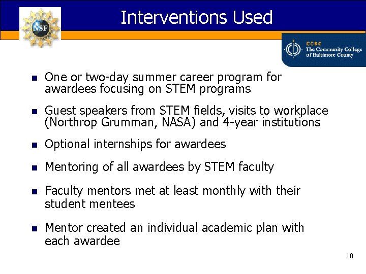 Interventions Used n One or two-day summer career program for awardees focusing on STEM