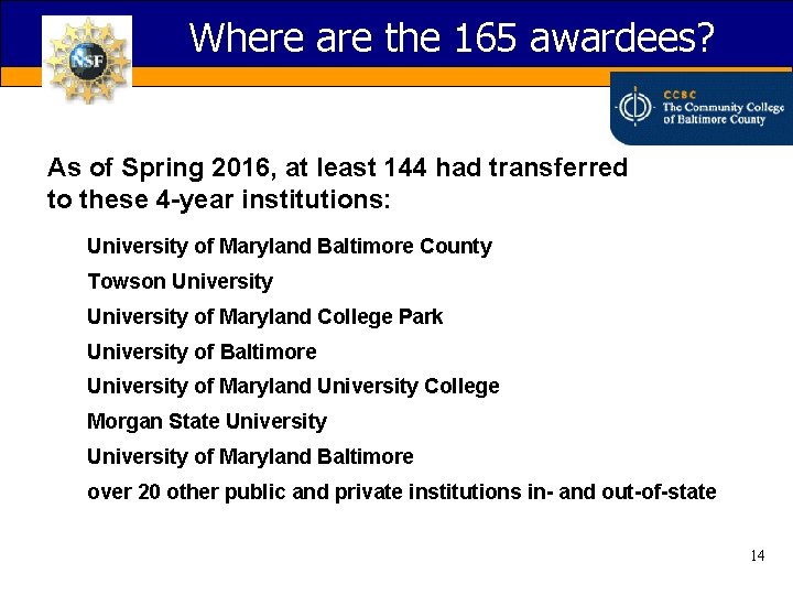 Where are the 165 awardees? As of Spring 2016, at least 144 had transferred