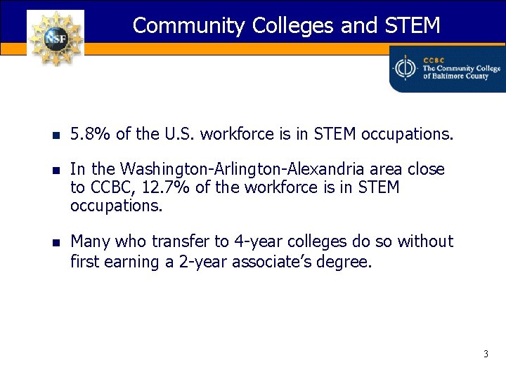 Community Colleges and STEM n 5. 8% of the U. S. workforce is in