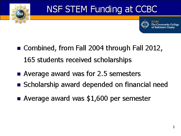 NSF STEM Funding at CCBC n Combined, from Fall 2004 through Fall 2012, 165