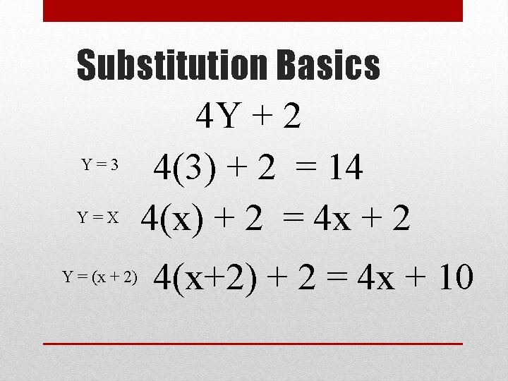 Substitution Basics 4 Y + 2 Y=3 4(3) + 2 = 14 Y =