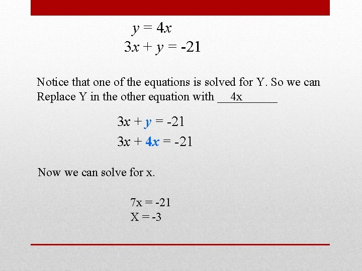 y = 4 x 3 x + y = -21 Notice that one of