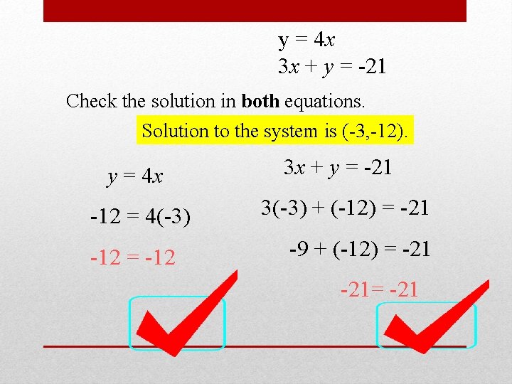 y = 4 x 3 x + y = -21 Check the solution in