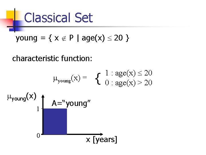 Classical Set young = { x P | age(x) 20 } characteristic function: young(x)