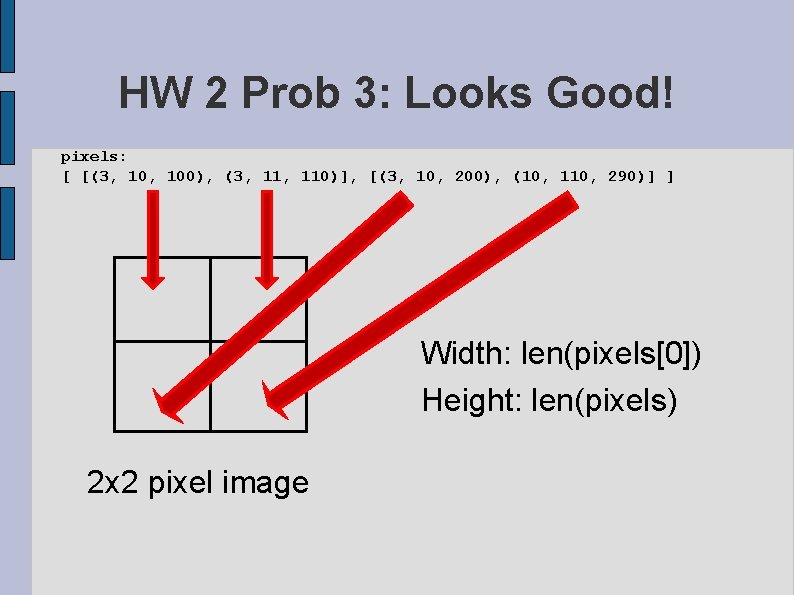 HW 2 Prob 3: Looks Good! pixels: [ [(3, 100), (3, 110)], [(3, 10,