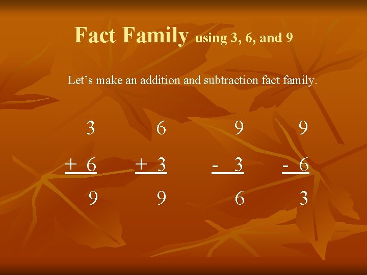 Fact Family using 3, 6, and 9 Let’s make an addition and subtraction fact
