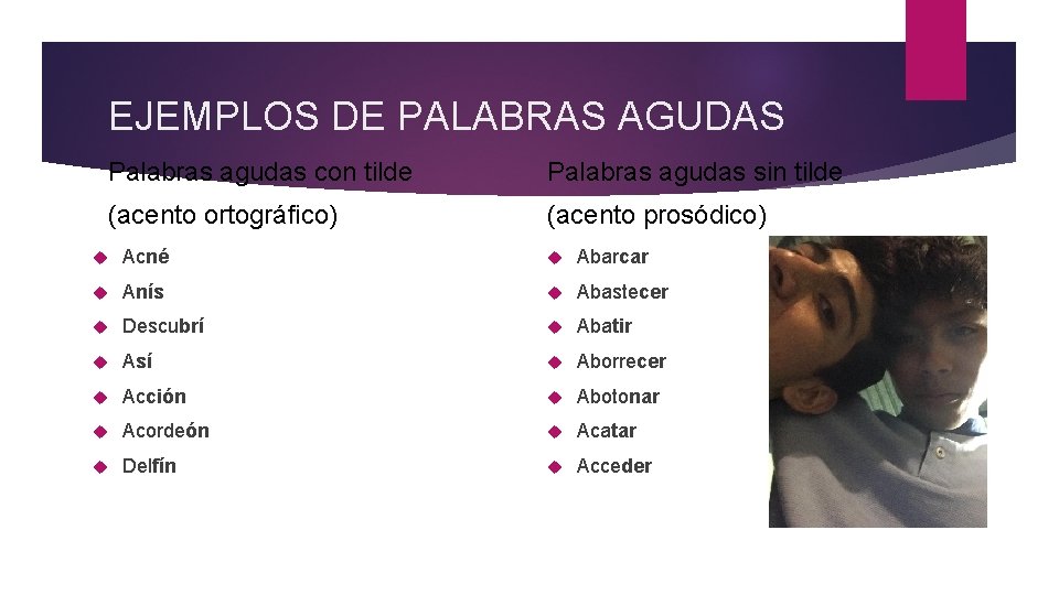 EJEMPLOS DE PALABRAS AGUDAS Palabras agudas con tilde Palabras agudas sin tilde (acento ortográfico)