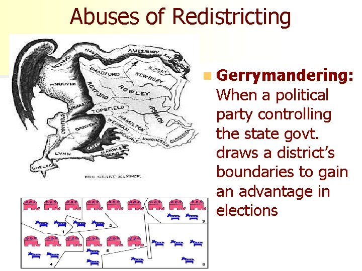 Abuses of Redistricting n Gerrymandering: When a political party controlling the state govt. draws