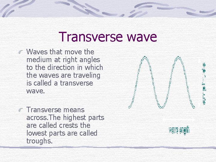 Transverse wave Waves that move the medium at right angles to the direction in