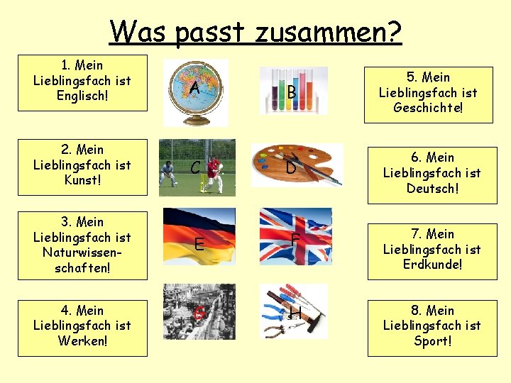 Was passt zusammen? 1. Mein Lieblingsfach ist Englisch! 2. Mein Lieblingsfach ist Kunst! 3.