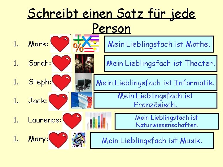 Schreibt einen Satz für jede Person 1. Mark: Mein Lieblingsfach ist Mathe. 1. Sarah: