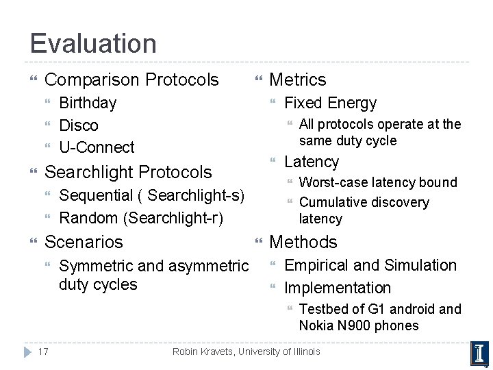 Evaluation Comparison Protocols Birthday Disco U-Connect Fixed Energy Symmetric and asymmetric duty cycles Worst-case