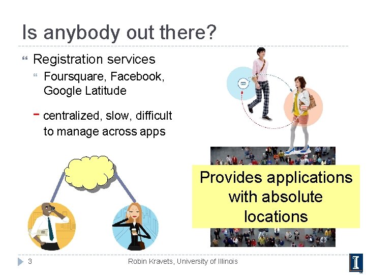 Is anybody out there? Registration services Foursquare, Facebook, Google Latitude - centralized, slow, difficult