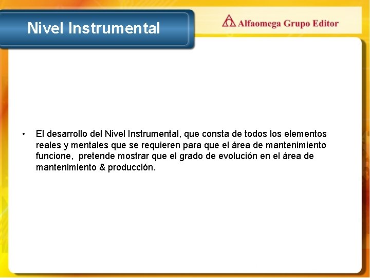 Nivel Instrumental • El desarrollo del Nivel Instrumental, que consta de todos los elementos