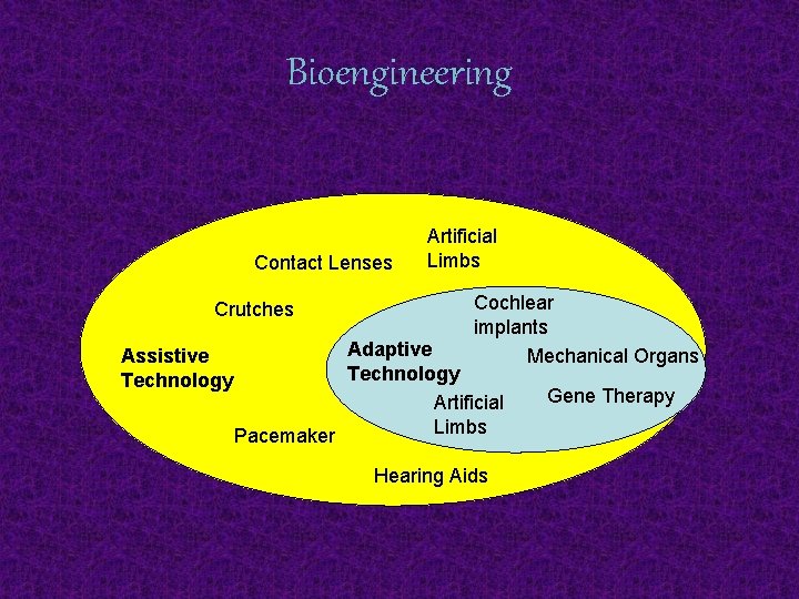 Bioengineering Contact Lenses Crutches Assistive Technology Artificial Limbs Cochlear implants Mechanical Organs Adaptive Technology