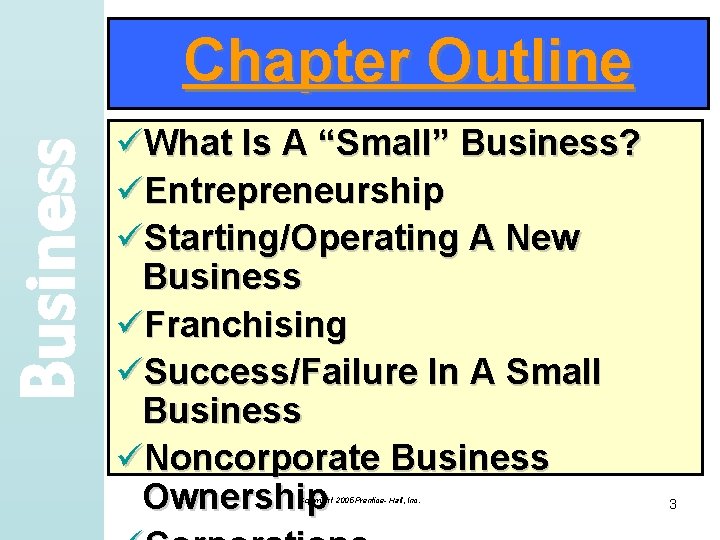 Business Chapter Outline üWhat Is A “Small” Business? üEntrepreneurship üStarting/Operating A New Business üFranchising