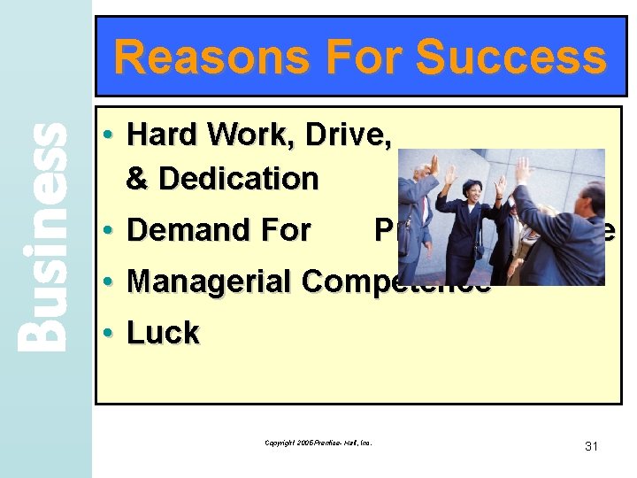 Business Reasons For Success • Hard Work, Drive, & Dedication • Demand For Product/Service