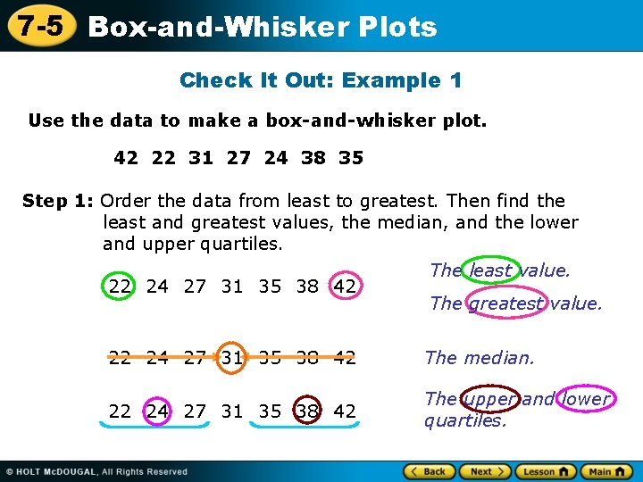 7 -5 Box-and-Whisker Plots Check It Out: Example 1 Use the data to make