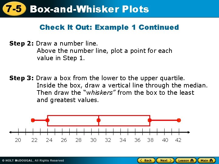 7 -5 Box-and-Whisker Plots Check It Out: Example 1 Continued Step 2: Draw a