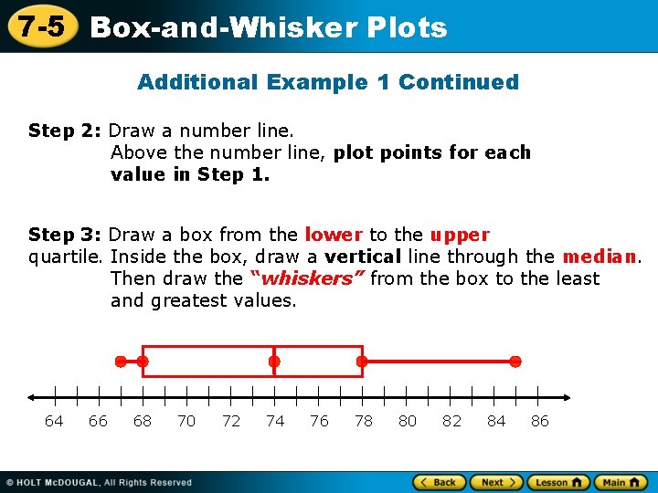 7 -5 Box-and-Whisker Plots Additional Example 1 Continued Step 2: Draw a number line.